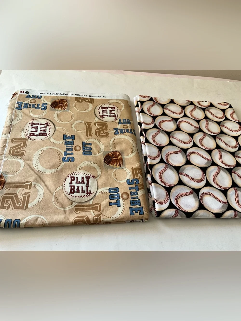 Quilting Sewing Crafts Fabric Lot Baseball Theme Black White Tan Red Blue Cotton